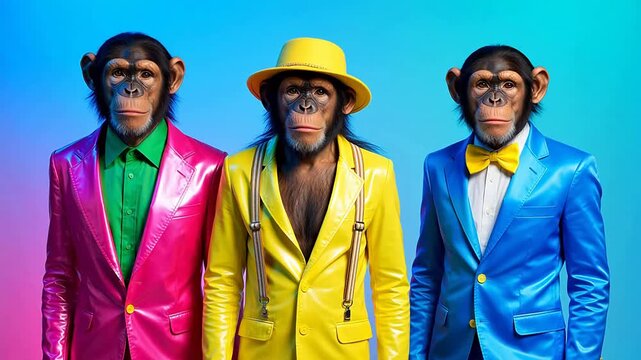 Three dressed monkeys in colorful suits