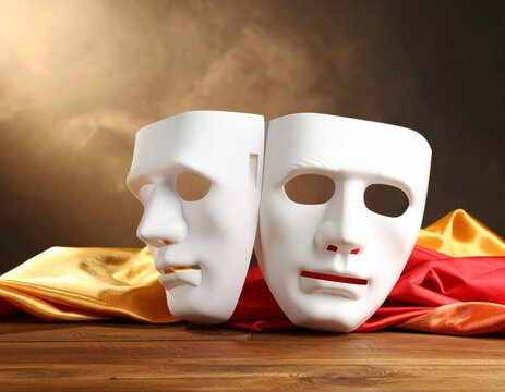 Comedy and tragedy theater masks on wooden table with colorful cloth