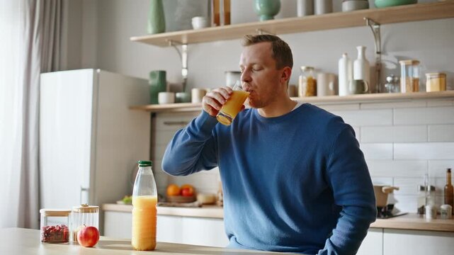 Happy guy drinking orange juice enjoying fresh vitamin liquid in kitchen closeup