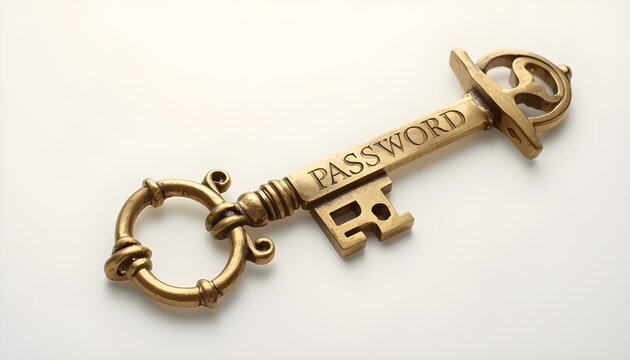 Vintage Ornate Brass Key with Password Engraved on Barrel Lying Diagonally on a Clean White Surface for Cyber Security Concept