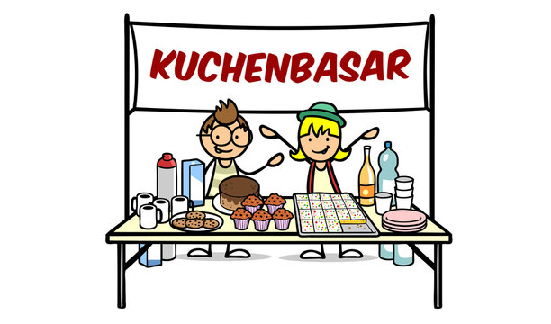Kuchenbasar Banner mit Kindern als Ank&uuml;ndigung f&uuml;r Kuchenverkauf
