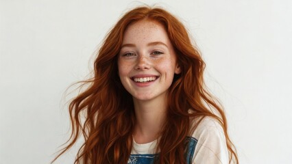 Naklejka premium Red haired woman laughing with tousled hair in studio portrait