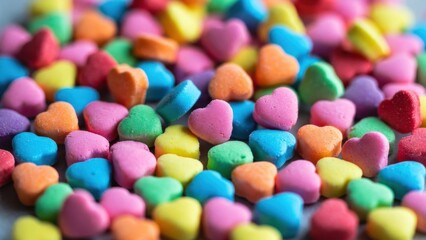 Obraz premium Heart shaped candy pieces scattered on neutral tabletop closeup