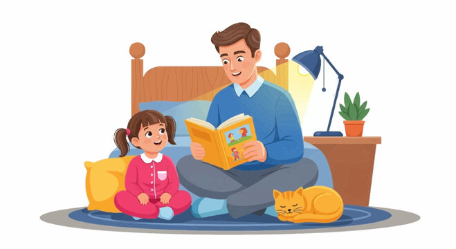 Father Reading Bedtime Story to Daughter in Cozy Room