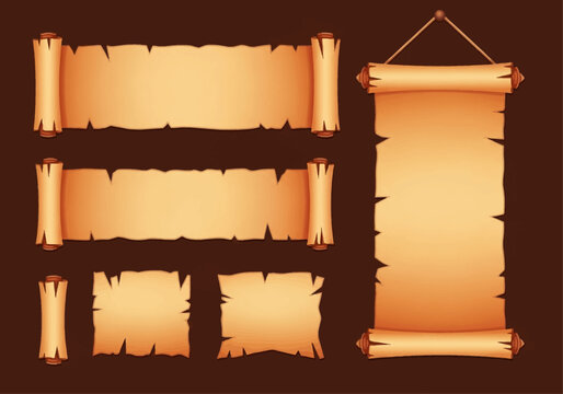 Set of Vintage Ancient Scrolls and Parchment Banners for Game UI Design - Medieval Fantasy Papyrus Paper Elements for RPG Interfaces, Headers, and Menus