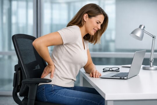 Woman with back pain sitting at desk in office environment. Ai generative