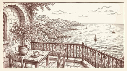 Fototapeta premium A charming hand-drawn sketch depicts a serene Mediterranean terrace with a coffee cup on a table, overlooking a picturesque coastal village and the sparkling blue sea with sailboats.