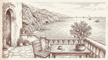 Fototapeta premium A detailed sketch depicts a charming balcony overlooking a serene sea and coastal village, complete with a coffee cup, citrus tree, and arched entryway.