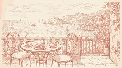 Obraz premium A charming sketch of a European balcony cafe with coffee and pastries overlooking a serene coastline, town, and sailboats.