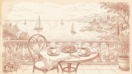 Naklejka premium A charming sketched scene from a balcony cafe overlooking a sunlit sea with sailboats, featuring a breakfast of coffee and pastries, evoking a relaxed vacation vibe.