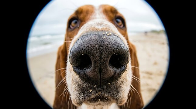 Humorous close-up photo of a Basset Hound's wet nose sniffing the air at a beach with a fisheye lens effect