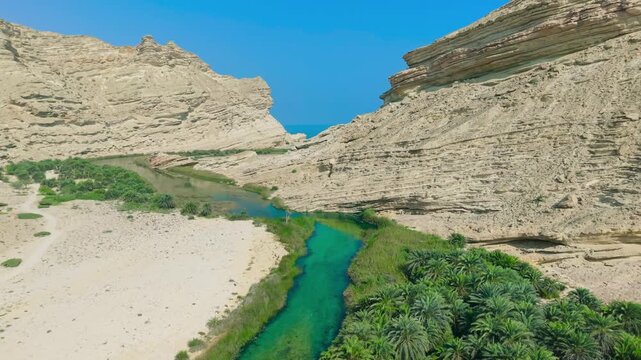 Aerial view of a turquoise river flowing through a desert valley with green palm trees and steep rock cliffs in Wadi Shuwaymiyah, Oman.
