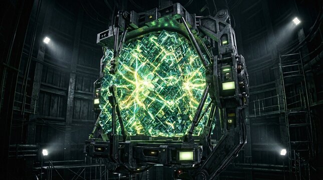 Ultra-detailed cinematic shot revealing a massive solid-state lithium battery lattice core suspended inside a dark vacuum chamber pulsing.