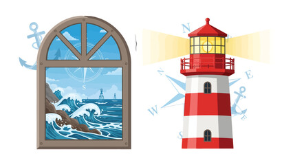 Guiding Light and Coastal Vista: A charming lighthouse stands tall, its beacon shining brightly beside a window framing a seascape, capturing the allure of the sea. © hafs121