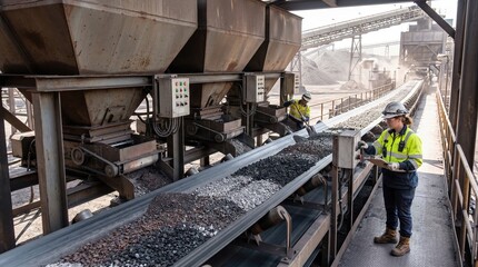 Naklejka premium Mixed bins of ores fluxes and reductants being blended on a conveyor belt highlighting the coordination of manual and automated methods in charge preparation.
