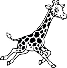 Fototapeta premium Cute cartoon giraffe running illustration in black and white outline style, playful safari animal character drawing, kids coloring book design isolated on white background