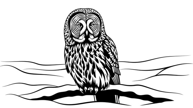 Great Grey Owl Perched on Snowy Branch, Black and White Illustration