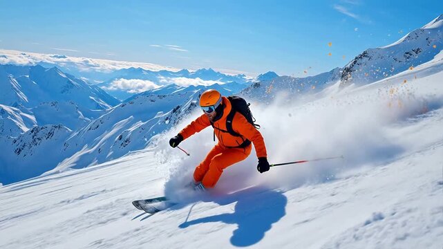 Skier in Orange Suit on Snowy Mountain