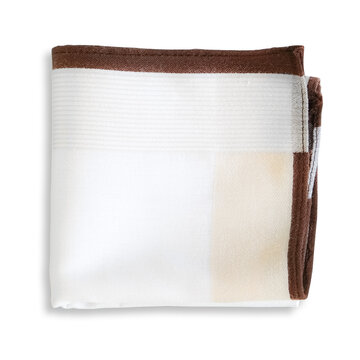 Neatly folded white cotton handkerchief featuring a brown border and subtle beige stripes, isolated on white background.