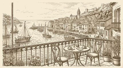 Obraz premium A vintage-style sketch depicts a charming Italian coastal town viewed from a balcony with a table set for two, overlooking a bay filled with sailboats.