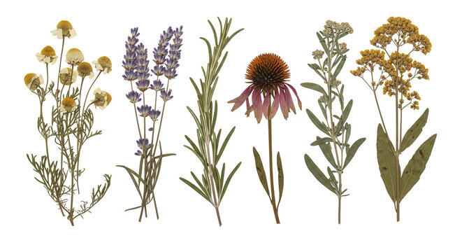 Collection of dried medicinal herbs including chamomile, lavender, rosemary, and echinacea, isolated on transparent background. Concept of herbal medicine and organic health
