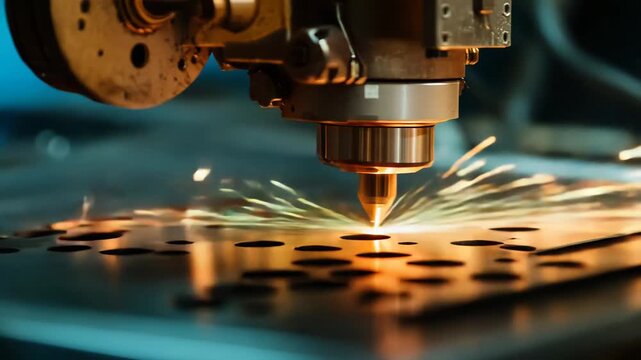 Automated laser cutting machine precisely processing metal sheet, creating intricate patterns with intense light and flying sparks during industrial manufacturing