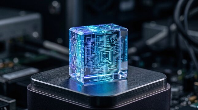 Macro view exhibiting a solid-state memory crystal etched with microscopic geometric data labyrinths glowing with internal fiber-optic light.