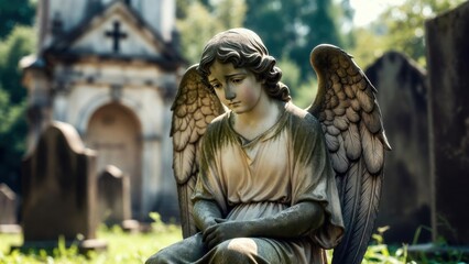 Naklejka premium Stone angel statue seated with folded hands in old cemetery