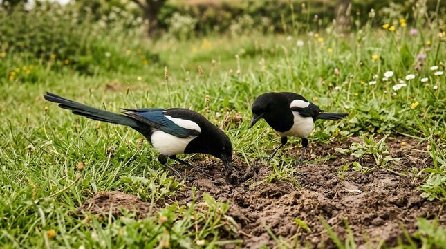Pareja de urracas picoteando sobre un prado verde de c&eacute;sped en un d&iacute;a soleado de primavera.