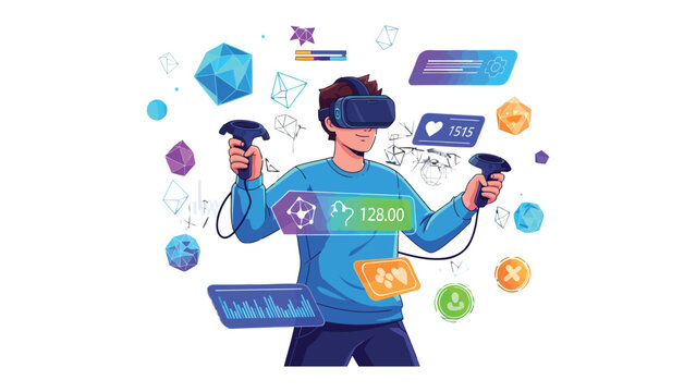 Immersed in Virtual Reality: A person wearing a VR headset, fully engrossed in a virtual world, holding controllers and interacting with digital interfaces.