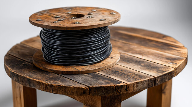 Large wooden cable spool with black industrial electric power cable and heavy duty wire coiled around it, isolated on white background, defocused wire texture detail, with copy