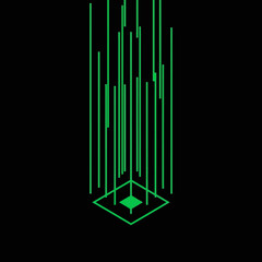 Fototapeta premium Abstract digital art featuring a glowing green square and vertical lines against black.