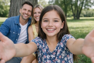 Fototapeta premium Happy family portrait in park sunlight outdoors... Ai generative