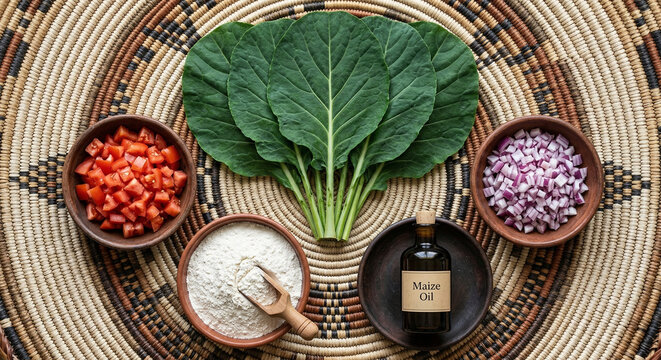 An 8k resolution overhead flat lay of Kenyan Sukuma Wiki ingredients.