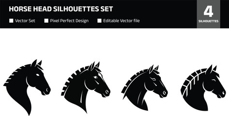 Set of black horse head silhouettes with different mane styles, minimalist vector illustration isolated on white background, equine logo design elements collection © GeetaRani
