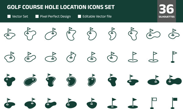 Golf course hole location icons set, putting green flags symbols collection, minimal vector outline and solid shapes isolated on white background