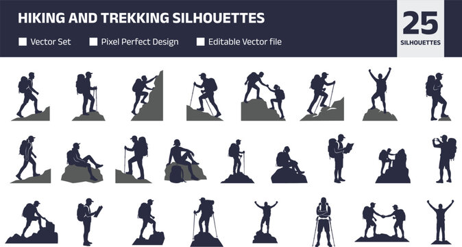 Set of hiking and trekking silhouettes with backpackers climbing mountains, exploring nature and outdoor adventure activities, minimalist vector illustration isolated on white background