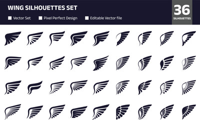 Collection of black wing silhouettes with various feather styles, minimalist vector illustration set isolated on white background, abstract flying design elements for logos © GeetaRani