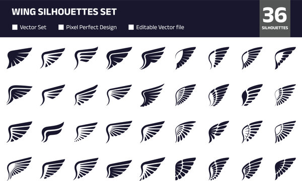 Collection of black wing silhouettes with various feather styles, minimalist vector illustration set isolated on white background, abstract flying design elements for logos