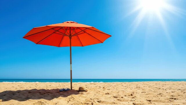Orange sun umbrella standing on sandy beach under bright clear blue sky. Summer vacation mood with shadow on sand. Relaxing coastal landscape scenery concept.