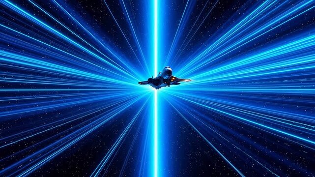 Spaceship in cosmic blue light