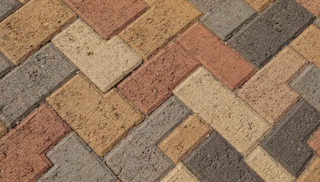 Medium shot of herringbone pattern with multicolored paver blocks showcasing intricate interlocking design and vibrant surface texture for urban landscaping.