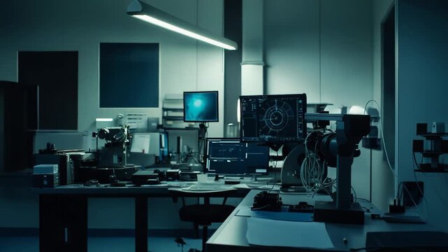 Modern laboratory workspace featuring multiple computer monitors displaying analytical data and scientific charts, highlighting innovation in technology, engineering, and scientific research