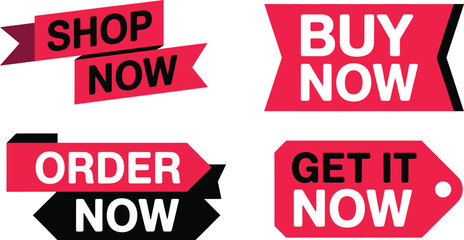 Obraz premium Shop Now Buy Now Promotional Tags Set with Order Now and Get It Now Marketing Labels Vector