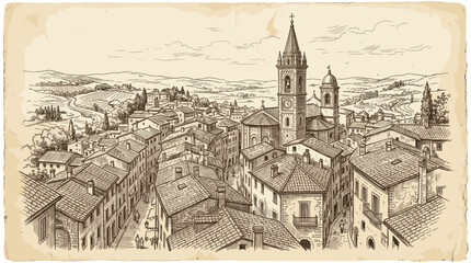 Obraz premium An elegant sepia-toned line drawing depicts a charming European village nestled among rolling hills with a prominent church and bell tower at its center.