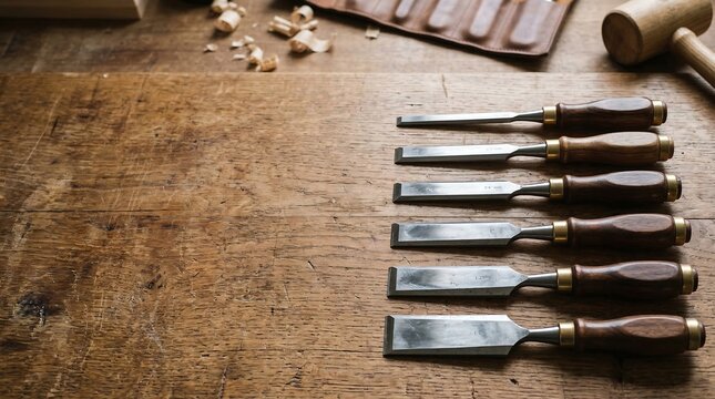 Woodworking chisels with wooden handles on a wooden workbench