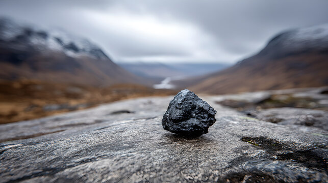 Natural shilajit resin sits on a cold rocky mountain surface under clouds.
