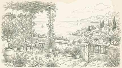 Obraz premium A charming sketch depicts a sun-drenched terrace overlooking a picturesque coastal village and serene ocean, featuring a pergola draped with vines, potted plants, and a small table.