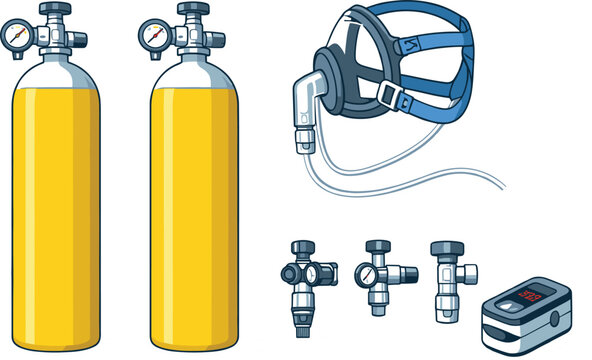 Diving and Oxygen Tank Equipment Vector Illustration &ndash; Tanks, Regulators, and Breathing Gear for Underwater Exploration