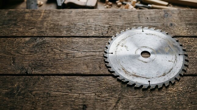 Circular saw blade on a wooden surface with tools